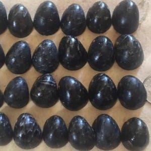 May include: A collection of 25 smooth, black, oval-shaped seashells. The shells are arranged in rows on a light brown surface. A silver coin is in the bottom right corner of the image.