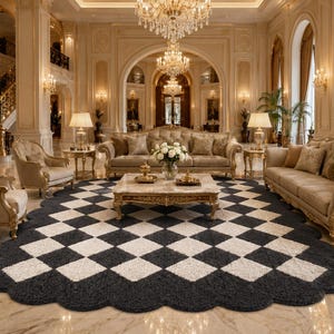 May include: A large, scalloped-edge area rug featuring a black and white checkered pattern. The rug has a thick, textured pile and is positioned centrally on a polished marble floor within a grand, ornate living room with gold-toned furniture.