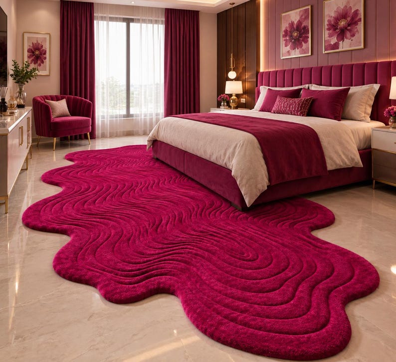 May include: A large, deep magenta area rug with an irregular, organic, wavy shape and a textured, rippled surface pattern. The rug features a thick, plush pile and covers a significant portion of the floor in front of a bed in a bedroom setting.