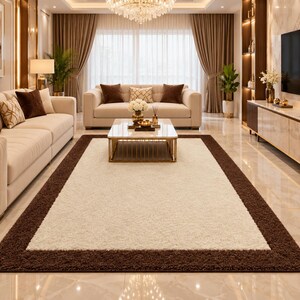 Luxury Handmade Wool Carpet, Cream and Dark Brown Shag Rug, Round and Rectangular Area Rug, Modern Living Room Rug, Hallway Runner Rug