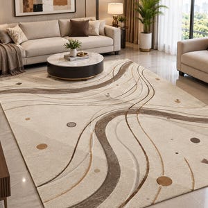 May include: A rectangular area rug featuring a cream-colored base with flowing, curved lines in shades of brown and gray. The design includes scattered geometric shapes, including small circles and squares, distributed across the surface.