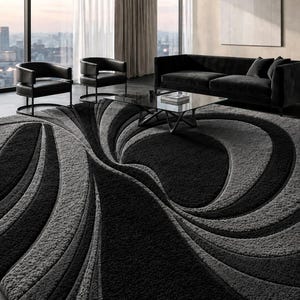 May include: A large area rug featuring a high-contrast, three-dimensional pattern of swirling, concentric waves in shades of deep black and charcoal gray. The textured surface displays alternating smooth and plush bands that create a visual depth.