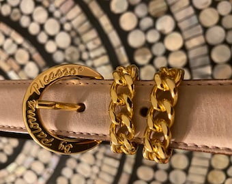 PALOMA PICASSO Italy Neutral Distressed Leather Gold Buckle Logo XL 36 Belt Vintage Paloma Picasso Large Hammered Gold Belt Buckle Brown  main image 3