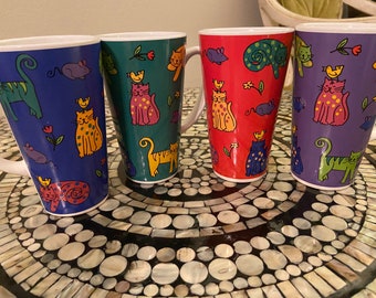 Set Of 4 Matching Vintage Cat Large  Stoneware Mugs By Riviera Van Beers In 4 Different Colors Purple, Blue, Red & Green