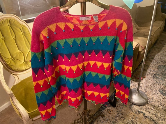 80s Vintage Multi Colored Beaded Sweater by Expre… - image 2