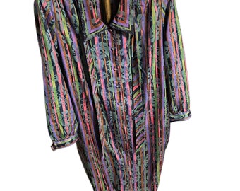 70s Vintage Strpes & Floral Mixed Pattern Shirt Dress With Tie Front Size Large to Extra Large