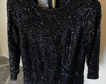 1950s Vintage Black Beaded Sequins Wool Top Forecast Shops  For May Company