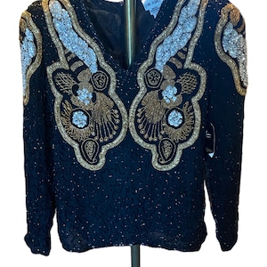 Vintage Heavily Beaded Long Sleeve Silk Top With Original Tag Never Worn Size S to XS