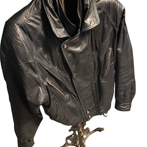 1980s Vintage Black Leather Jacket By Euro Mond Of California Size Medium To Large
