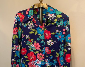 Blusa de manga larga con cuello de mariposa y estampado floral vintage de los años 70, talla mediana