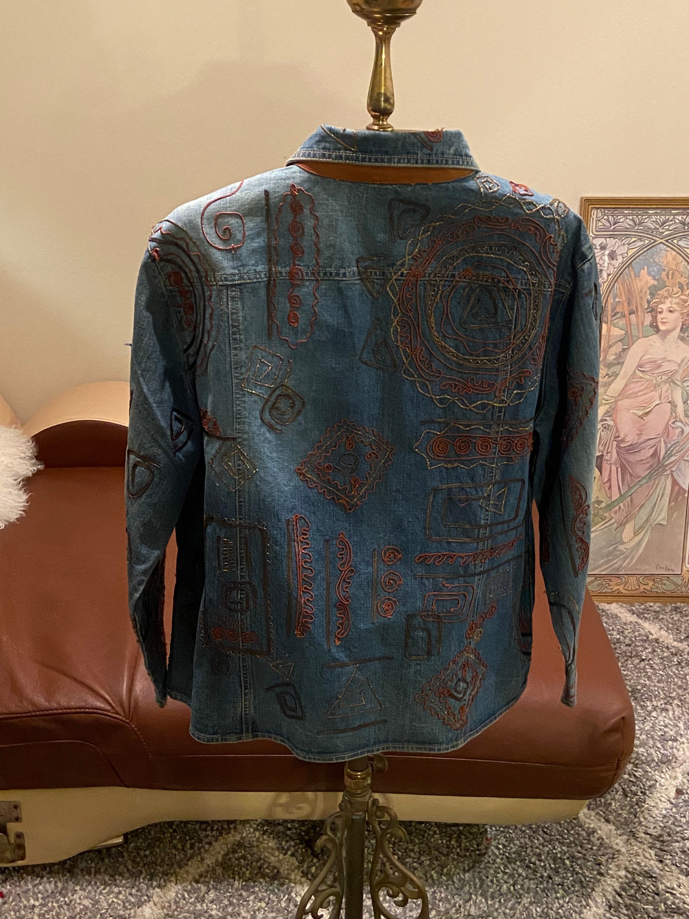 90s Vintage Denim Jacket With Geometric Leather and Metallic