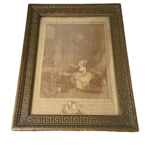 Late 1700s Silk Engraving & Handmade Wood Greek Key Frame French Shabby Chic Brocante Style Framed Ready To Hang