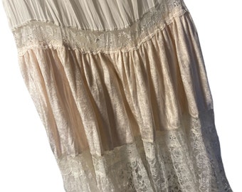 1980s to 1990s Cream Lace & Crushed Velvet Bohemian Meets 1930s Tiered Maxi Skirt By Just Knapp Size Medium/Large