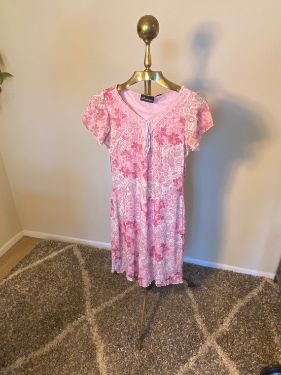 90s Vintage Pink Mixed Pattern Short Sleeve Dress… - image 7