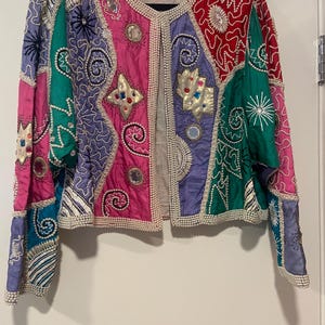 1980s Vintage Silk Heavily Embellishment Beaded Colorful Handmade Jacket by Gina G Size Extra Large