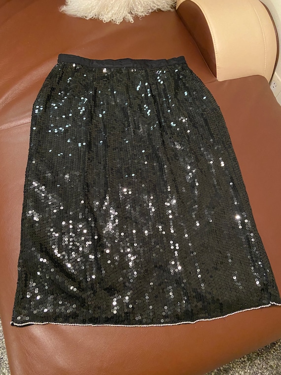 80’s Vintage Black Silk Sequined & Beaded Skirt b… - image 1