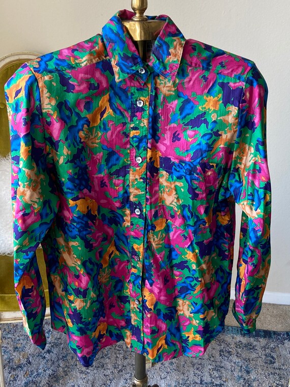 1980s Colorful Vintage Button Up Long Sleeve Top … - image 1