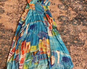 1980s Vintage Cityscape Print Strapless Dress With Halter Neck Overlay By Miami 46th Street Size Medium