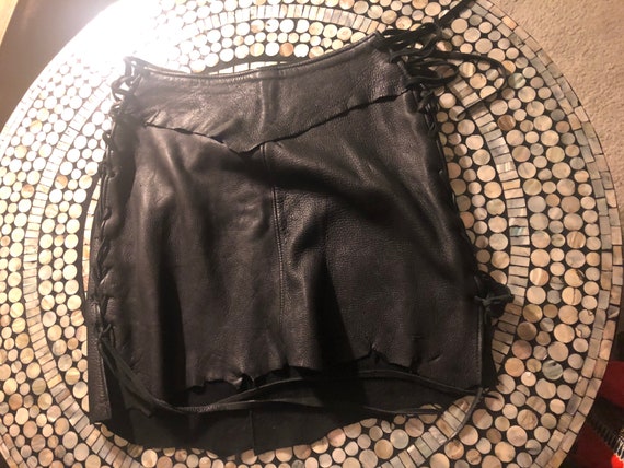 Handmade High Waisted Black Leather Skirt with Le… - image 2
