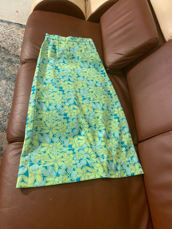 1970s Vintage Blue & Green Floral Print Skirt Siz… - image 3