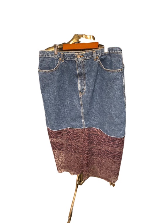 90s Vintage Eddie Bauer Denim Skirt With Burgundy… - image 1