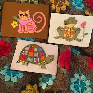 Vintage Embroidery Art Cat, Turtle And Frog Mounted Ready To Frame 3 Piece Set