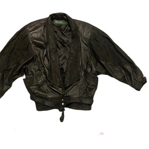 1980s Vintage Black Leather Jacket Embossed Zebra Print Accents