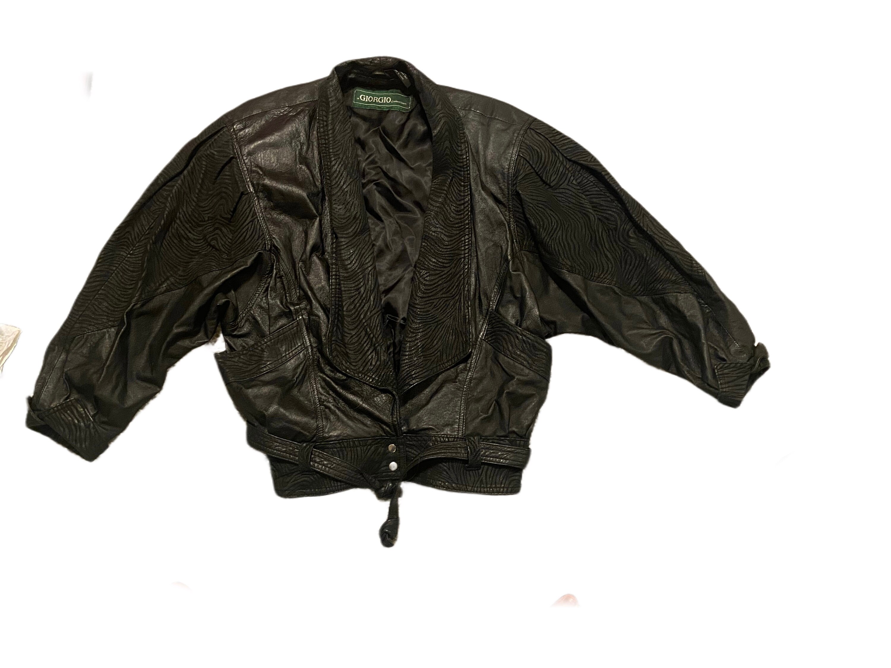 ジャケット・アウター Vintage leather jacket type g1 black 80s 1980s Vintage Black Leather Jacket Embossed Zebra Print Accents