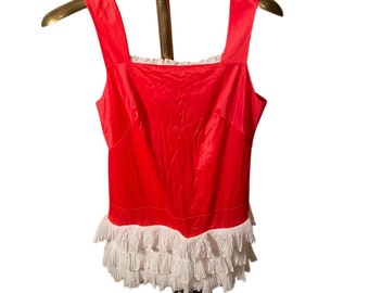 1970s Vintage Red And White Ruffled Mini Slip Dress Size Small