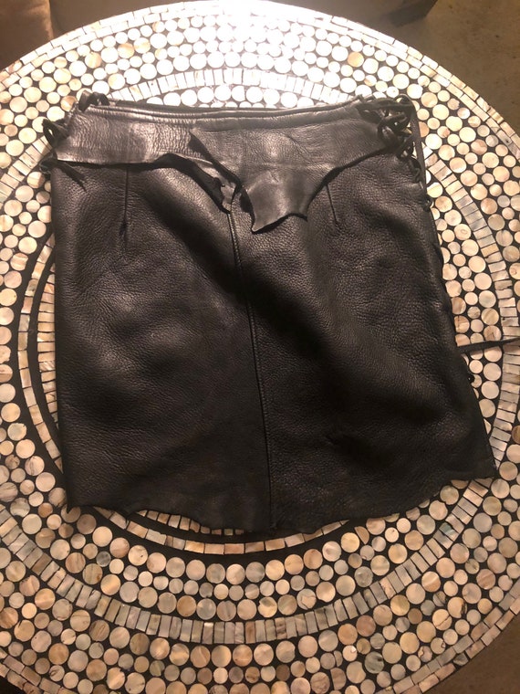 Handmade High Waisted Black Leather Skirt with Le… - image 10