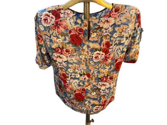 90s Vintage Floral Print Silk Blouse By Tess Size… - image 3