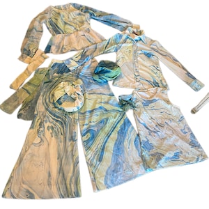 70’s Vintage Bonwit Teller Don Luis De Espana 10 Piece Set Includes 3 tops, 1 pant, 2 turbans, 2 flower pins, 1 belt one scarf medium/small