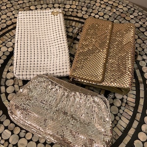 70s Vintage And 90s Vintage Bundle of 3 Vintage Whiting & Davis Bags Including A Gold Mesh, Silver Mesh and White Mesh Bag