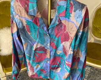 1980s Vintage Long Sleeve Multi Color  Button Up Top By Graff Never Worn With Tags Size Medium