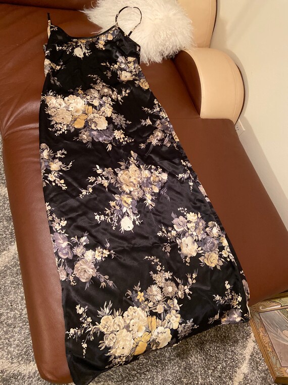 80s Vintage Black Floral Slip Dress size medium to