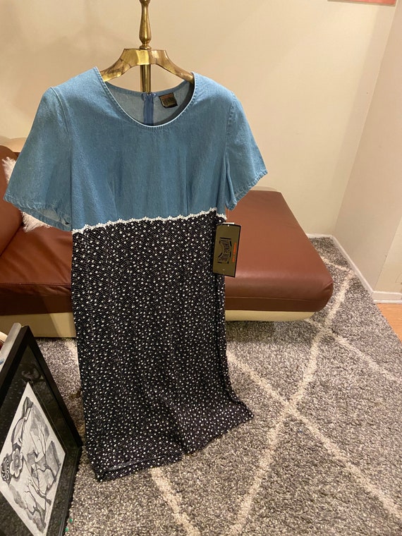 80s Vintage Short Sleeved Denim, Polka Dot Floral Print Dress Never Worn with Original Tags Size 16