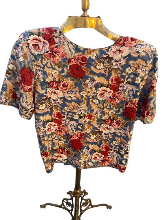 90s Vintage Floral Print Silk Blouse By Tess Size 