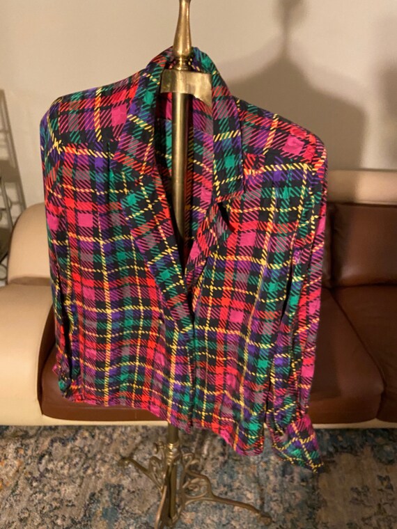 80s Vintage Multicolor Plaid Silk Blazer Blouse W… - image 1