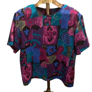 1990s Vintage City Girl By Nancy Bolen  Colored Mixed Pattern Short Sleeve Top Size Extra Large