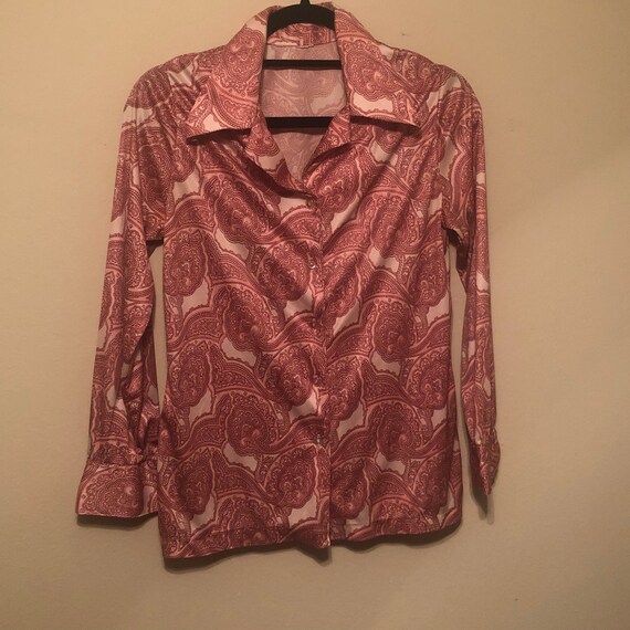 70s Vintage Red & Pink Paisley Shirt with Butterl… - image 10