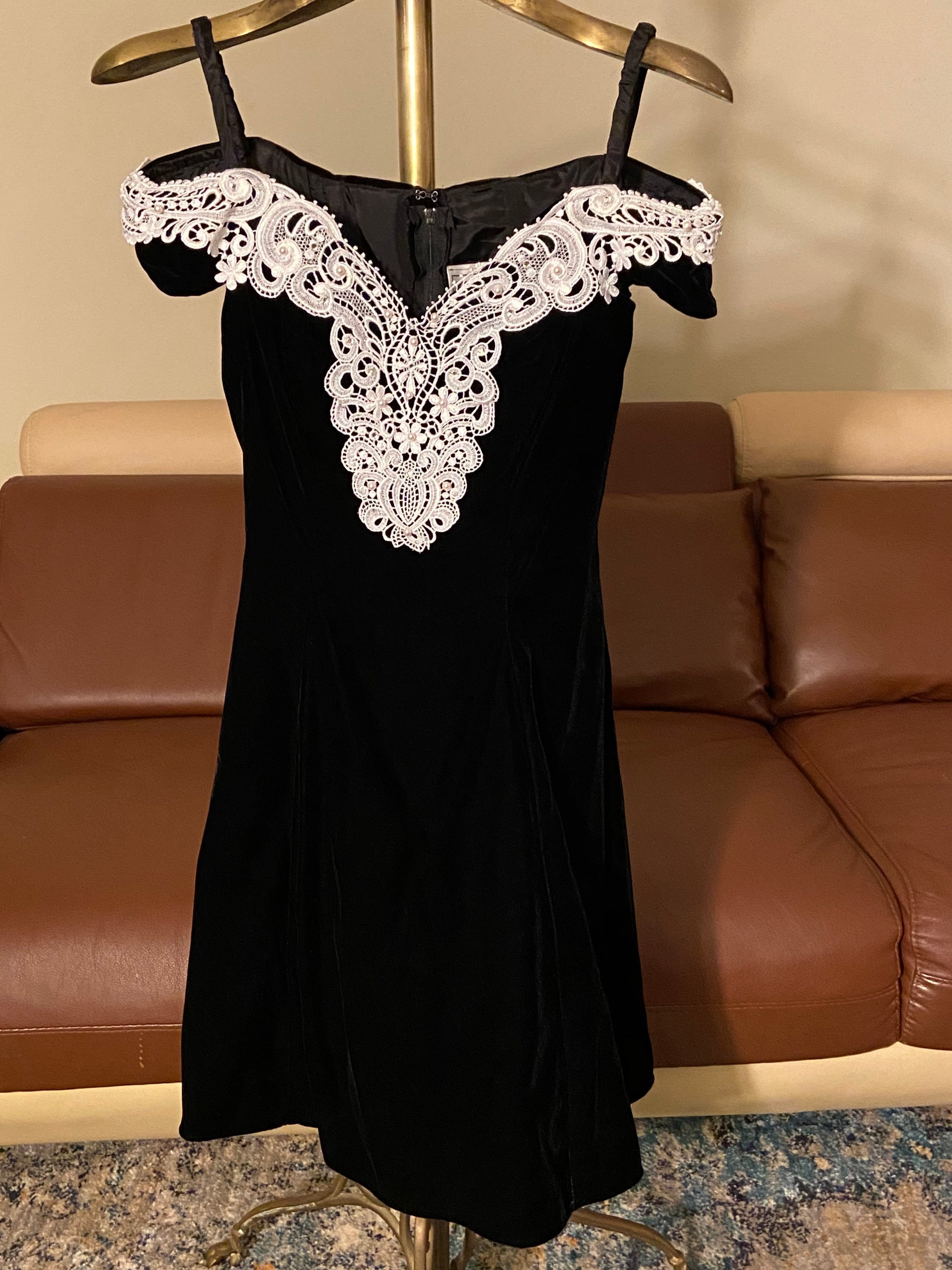 80s Vintage Zum Zum Black Velvet off the Shoulder Dress With
