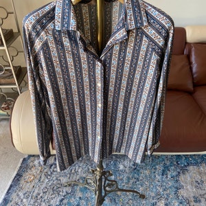 70s Vintage Blue Floral Print Button Up Long Sleeved Shirt By Mr. Alex A Division of Alex Colman Size Medium