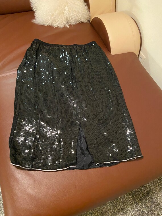 80’s Vintage Black Silk Sequined & Beaded Skirt b… - image 4