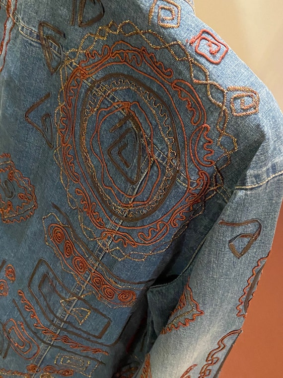 90s Vintage Denim Jacket With Geometric Leather and Metallic