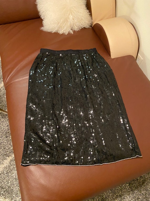 80’s Vintage Black Silk Sequined & Beaded Skirt b… - image 6