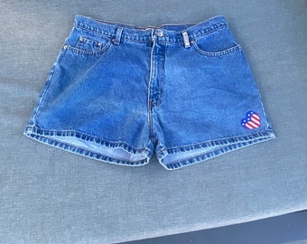 80s Vintage Denim Shorts by Sasoon w American Flag Heart 34 Inch Waist