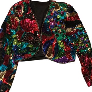 80er / 90er Jahre Vintage Handgefertigte Pailletten & Perlen Bolero Jacke Größe S bis M