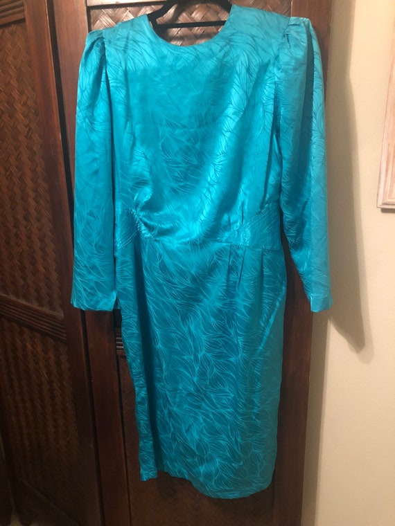 Blue vintage 80s silk dress knee length - image 4