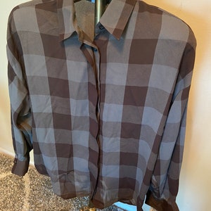 1990s Lizsport Long Sleeve Brown & Gray Blouse With Original Tags Attached Petite Size Small