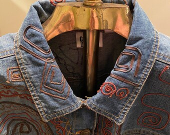 90s Vintage Denim Jacket With Geometric Leather and Metallic